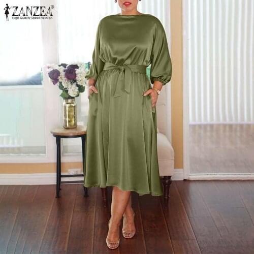 ZANZEA Solid Backless Vestido Lady Elegant Satin Midi Dress 2021 Autumn O Neck Robe Femme Womens Fashion Party Dresses