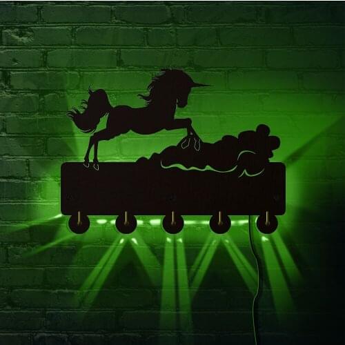 Unicorn With Cloud Light Up Coat Hat Bag Hang Organizer Luminous Natural Wood Key Holder for Entryway Fantasy Girl Room Decor