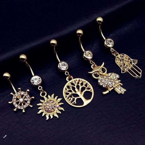 5pcs 2019 new tree of life sun palm hand owl rudder dangle navel belly bar button rings body piercing jewelry