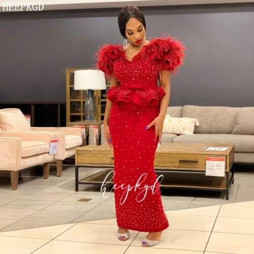 Luxury Red African Evening Dress Pearl Feather Short Sleeves Sheath Black Women Formal Dresses Customize Prom Party Gowns