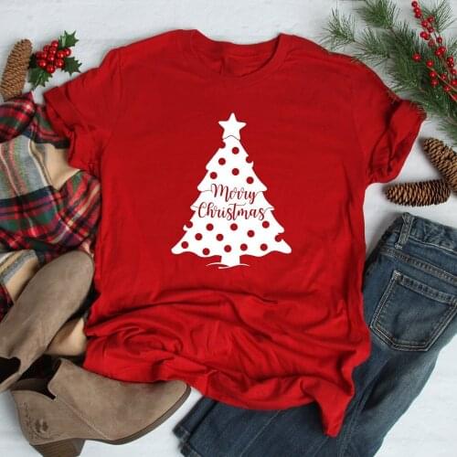 Merry Christmas T-shirt Cute Polka Dot Christmas Tree Holiday Gift Tshirt Winter Women Hipster Graphic Top Tee Shirt Streetwear