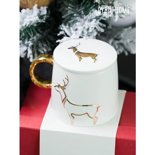 Gold elk Christmas mugs and lovely girl with cover teaspoons of large-capacity glass glass ceramic coffee cup