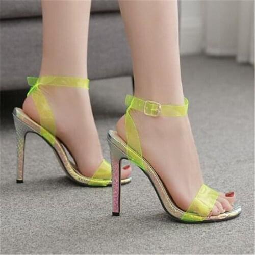 Women sandals PVC Buckle Strap 11cm Thin Heels High heels Round Toe Shallow Back Strap zapatos de mujer women shoes size 35-42