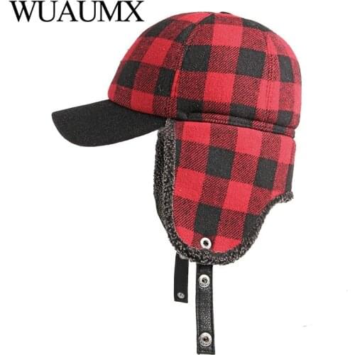 Wuaumx Winter Bomber Hats Men Thicken Russian Trapper Hat Earflap Baseball cap Red Black Plaid Windproof Bomber Hat For Women