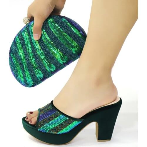 High quality green women pumps with sequins decoration african dress shoes match handbag set CR3302,heel 10CM