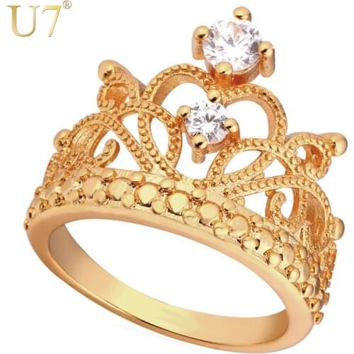 U7 Crown Rings For Women Birthday Gift Trendy Gold Color Cubic Zirconia Engagement /Wedding Bands Promise Rings R414