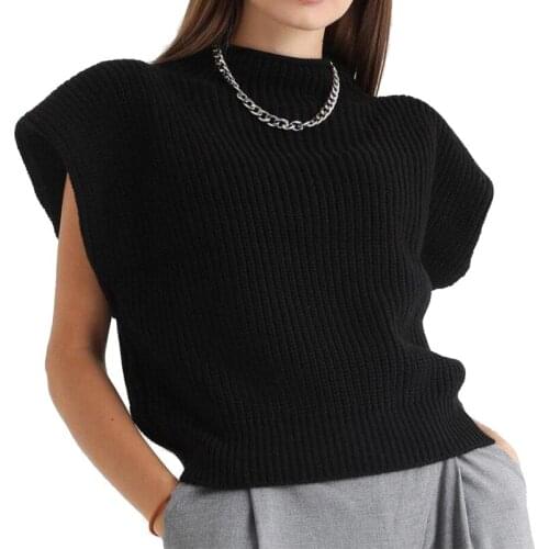 Turtleneck Sleeveless Vest Sweater Women 2021 With Shoulder Pads Knitted Pullover Autumn Winter Jumper Casual Tops Fashion
