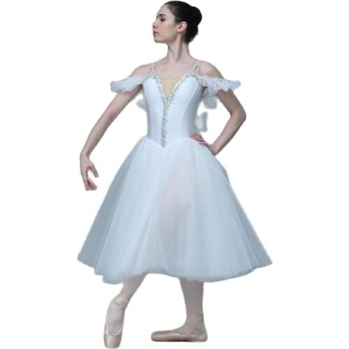 Off-the-Shoulder White Spandex Bodice Ballet Dance Tutu with Wings for Girls and Women Performance Costume Leotard Dress 20027