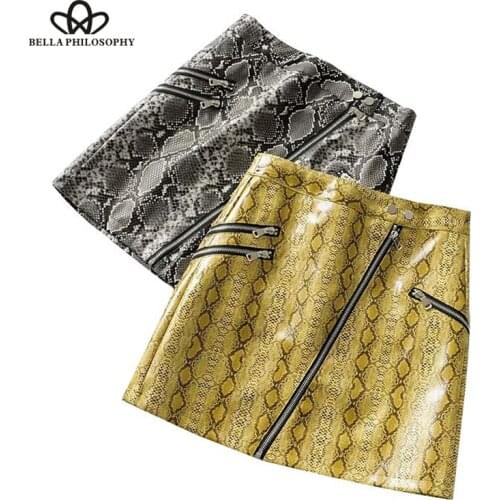 Bella Philosophy women snake print PU leather mini skirt faldas mujer animal pattern zippers decoration female casual chic skirt