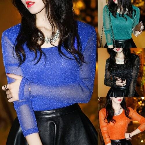 2020 Women Fashion T-shirts Shiny Mesh Party Blouses Tops Round Neck Long Sleeve N66