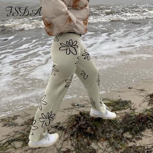 Women Spring Casual Long Trousers Knitted Flower Elastic High-Waist Loose Straight Pants for Girls Girlish Slacks Beige/Black