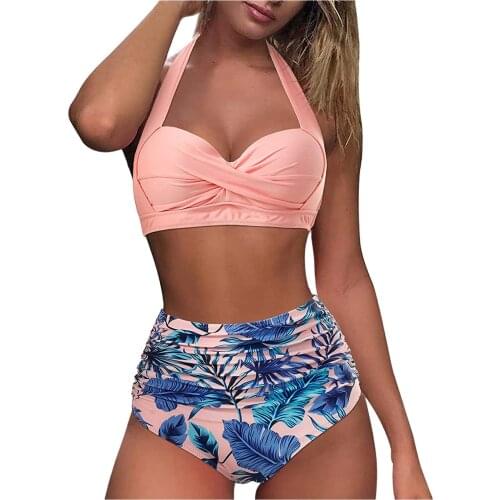 Women Vintage Bandeau Biquini Swimsuit Retro Halter Female Bathing Suit Push Up Ruched High Waist Print Bikini Купальник L3