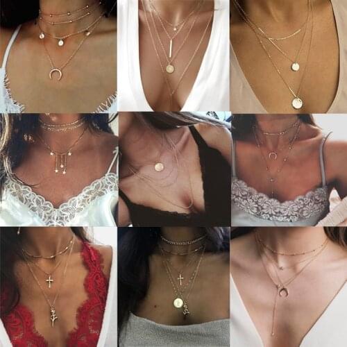 Multilayer Necklace Imitation Pearl Moon Star Coin Crystal Bohemian Pendant Necklace for Women Geometric Flower on neck jewelry