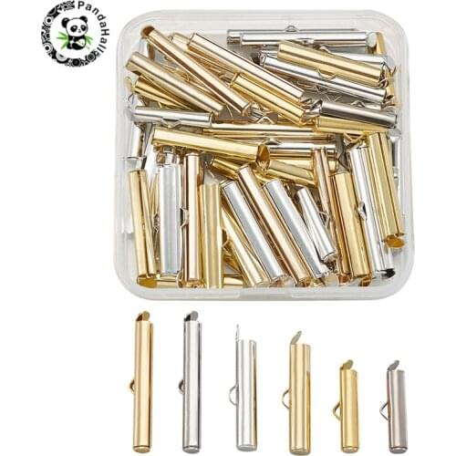 Pandahall 1 Box Brass Slide On End Clasp Tubes Slider End Caps for Jewelry Findings DIY Making Mixed Sizes