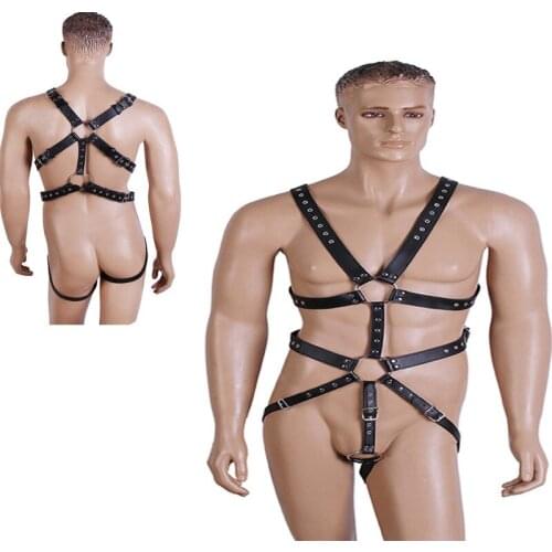 BDSM Men Gay Sexy Leather Harness PU Metal Rivet Bondage Adjustable Belt Gay Lingerie Fetish Body Chest Harness Nighclub Costume