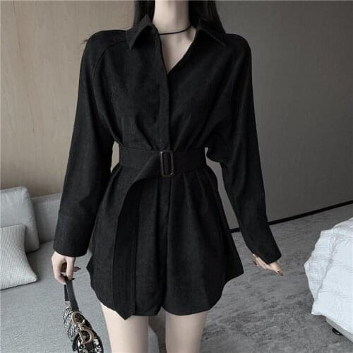 Blouse with Waist Belt Loose Women Spring Autumn Corduroy Long Sleeve Long Shirt Coat Slim Waist Turn Donw Collar Out Wear