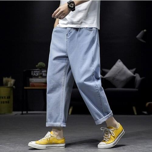 Men Hip Hop Loose Jeans 2021 Autumn New Streetwear Straight Baggy Wide Leg Pants Male Brand Pants Light Blue