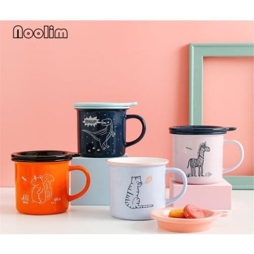 European Ceramic Simple Coffee Mug with Lid Cute Cartoon Animal Couple Breakfast Milk Mug Office Tea Juice Cup Drinkware 380ML