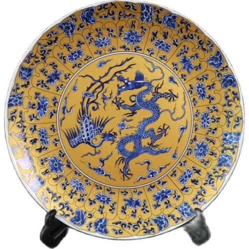 Chinese Old Porcelain Golden Blue And White Dragon And Phoenix Pattern Appreciation Plate