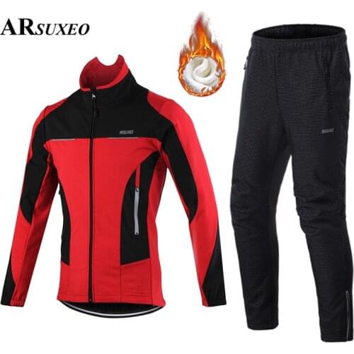 ARSUXEO Men Cycling Jacket Set Winter Thermal Windproof Waterproof Warm Bike MTB Pant Bicycle Suit Clothing Long Jersey