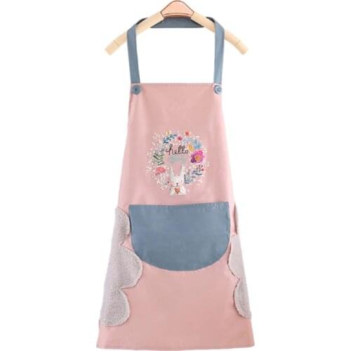 Cute Cartoon Rabbit Kitchen Apron Side Wipe Hands Waterproof Oxford Cloth Japanese Style Bib with Pocket Home Cleaning Tool