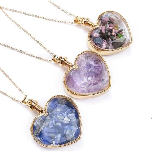 Love Wish Tumbled Stone Wishing Bottles Pendant Necklace Heart Shape Glass Filled with Crystal Healing Reiki Energy Charged