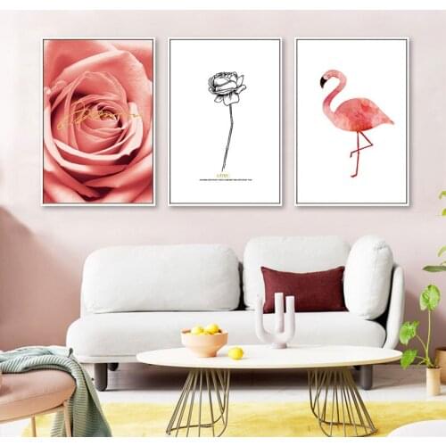Nordic Pink Flamingo Rose Flower Poster Abstract Wall Art Canvas Painting Minimalism Poster and Prints Living Room Home Decor