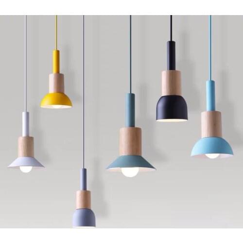 Nordic Macaron Simple Wood Modern Pendant Lights Led Hanging Lamps Iron Art Loft Fixtures Kitchen Dining Room Home Decor Lights