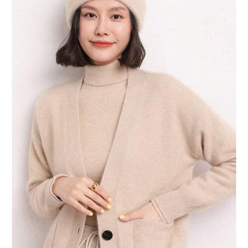2021New 100%Pure Cashmere Solid Color Knitted Cardigan Sweater Loose Womens Clothing