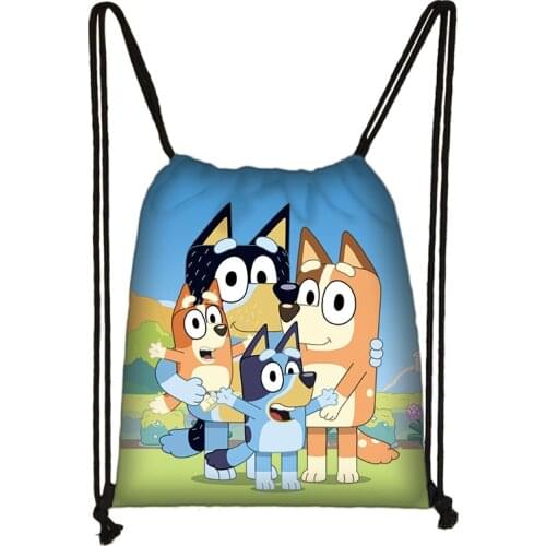 Can Choose Cartoon Bluey Drawstring Bag Kids Protable Bluey Famliy Animal Print Backpack Boys Girls Travel Carrying Bags Gifts