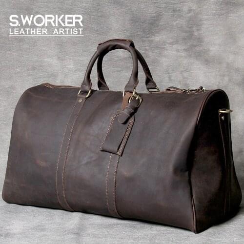S.WORKER Large Capacity Vintage Genuine Leather Travel Bag Full-grain Cowhide Leather Duffel Bag Weekender Bag Gym Bag For Men