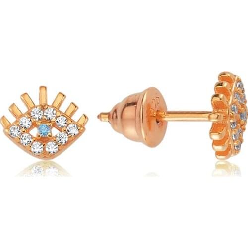 Valori Jewels Small Evil Eye, Zirconia White And Fancy Blue Gemstone, Rose Gold Plated, Sterling Silver Earrings