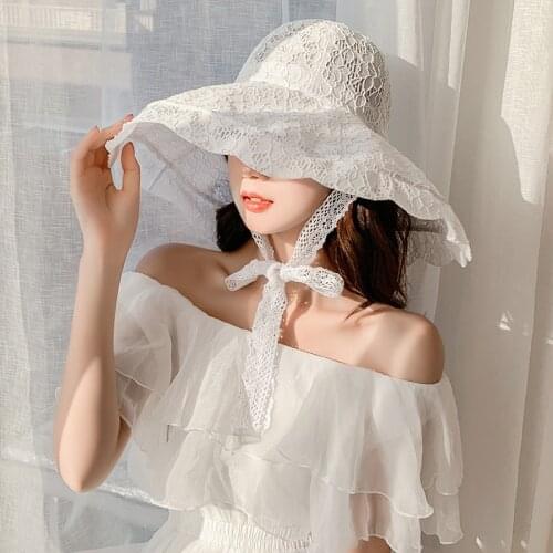 Womens Lace Sun Hat Korean Big Eaves Sunscreen Flower Embroidery Pure Color High Quality Temperament Accessories Sun Hat