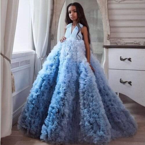 Blue Ruffle Flower Girl Dresses for Birthday Party Puffy Skirts Girls Formal Occasion Gowns V Neck Pearls First Communion Dress