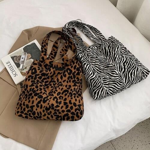 Women Handbags New Corduroy Zebra Leopard Pattern Casual Wild Shoulder Messenger Bag Large Capacity Ladies Animal Pattern Bags