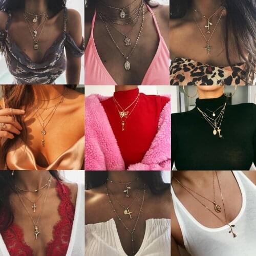 Tocona Butterfly Pendant Necklace for Women Pretty Rose Flowers Cross Key Chain Chocker Virgin Mary Coin Jewelry Accessories