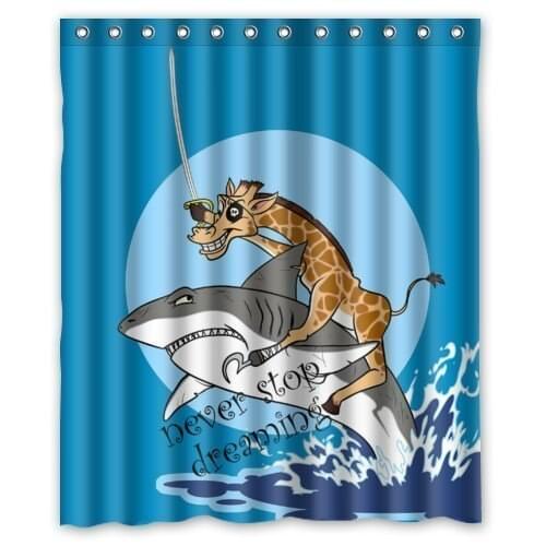 Funny Giraffe Riding on The Big Shark for Kids Shower Curtain Waterproof Bathroom Decor