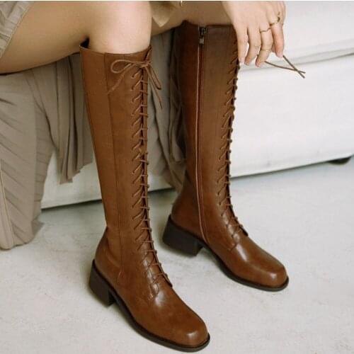 Womens genuine leather elastic patchwork lace-up lace-up winter warm plush knee high knight boots square toe casual long shoes