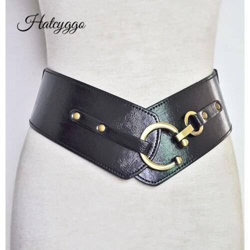 HATCYGGO Leather Cummerbund Women Wide Black Elastic Belts Designer Dress Waist Belt Femme Casual Metal Buckle Corset Belts