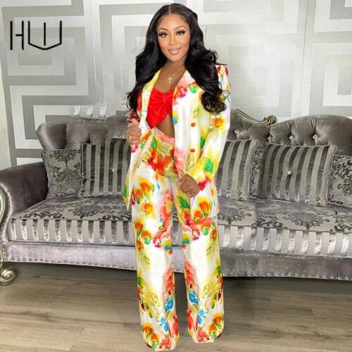 Two-piece Printed Long Sleeve Blazer Wide-leg Pants 2021 Autumn Loose Female Elegant OL Clothing Sets Office Ladies Overalls