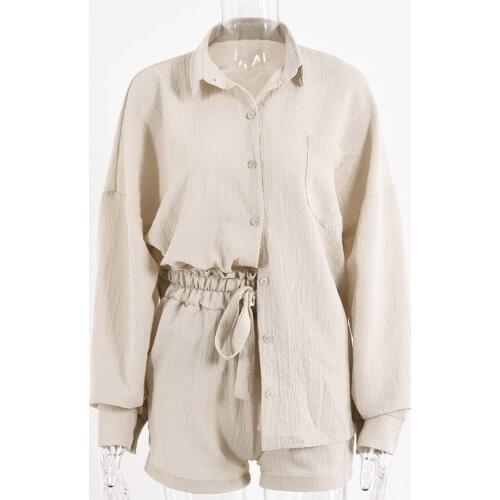 High Waist Drawstring Casual Tops And Shorts Two Pieces Set Women Loose Long Sleeve Shirts Female 2 Pieces Sets Suits 2021