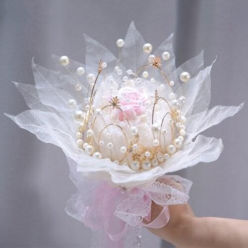 2021 Gold Bride Artificial Flower Wedding Bouquet Luxury Pearls Rhinestone Pageant Bridal Hand Hold Flower Pink Buquet De Novia