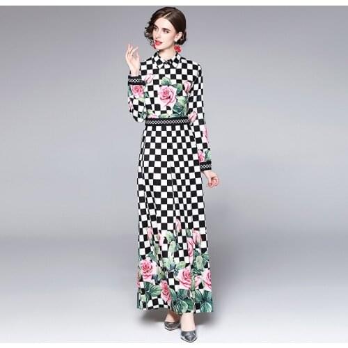 Runway Designer Long Sleeve Maxi Dresses 2021 Spring Summer Womens Turn Down Neck Vintage Plaid Floral Long Party Dress k8607