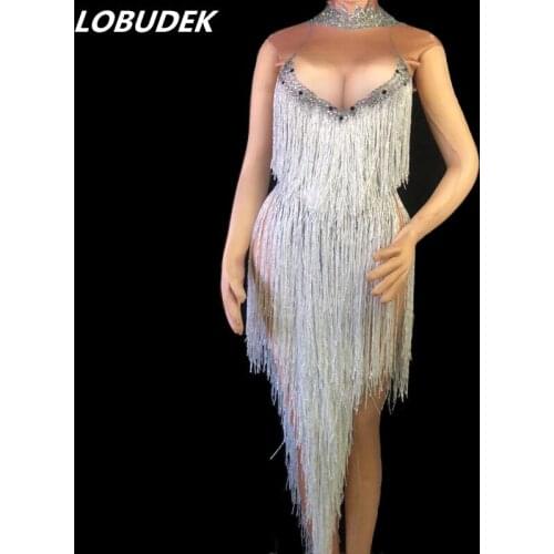 Silver Rhinestones White Tassels Dress Sexy Sleeveless Female Singer Dance Wear Latin Modern Clothes Fringe Performance Costume