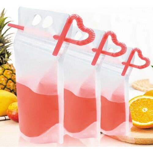 100/200PCS Clear Portable Drink Pouches Stand-Up Self Seal Bag With Straws for Cold & Hot Drink