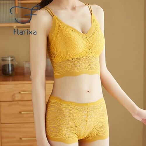 Flarixa Sexy Womens tube top underwear push up bra transparent lace beauty back breathable seamless panties lingerie 2 pcs set