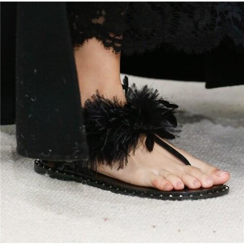 2021 Summer Sandals Catwalk Feather Flats Flip-flops Leather Nails Casual Large Size Beach Shoes Comfortable Shoe Sandalias Slid