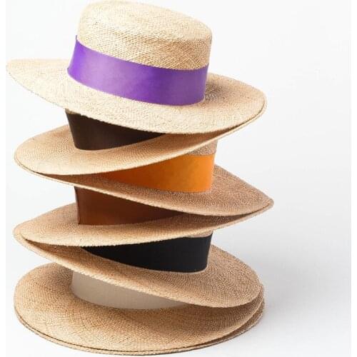 2021 Luxury Designer Collection Paris Runway Flat Top 100% Bao Straw Summer Boater Sailor Sun Hat