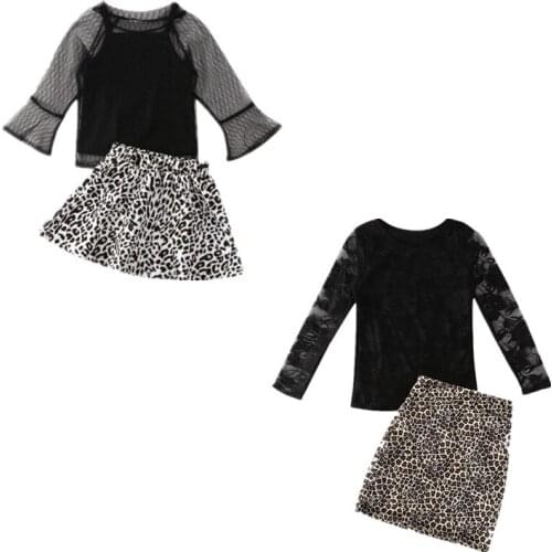 1-5Y Toddler Kids Baby Girl 2020 Spring Lace Long Sleeve Tops Shirt +Leopard Skirt 2pcs Party Outfits