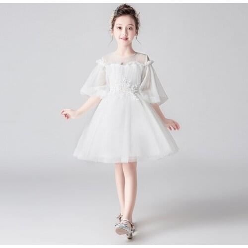Flower Girl Bead Decoration Dress Half Sleeve Girl Wedding Party Pageant Dress Ball Gown Beauty Kids Princess Communion Dresses